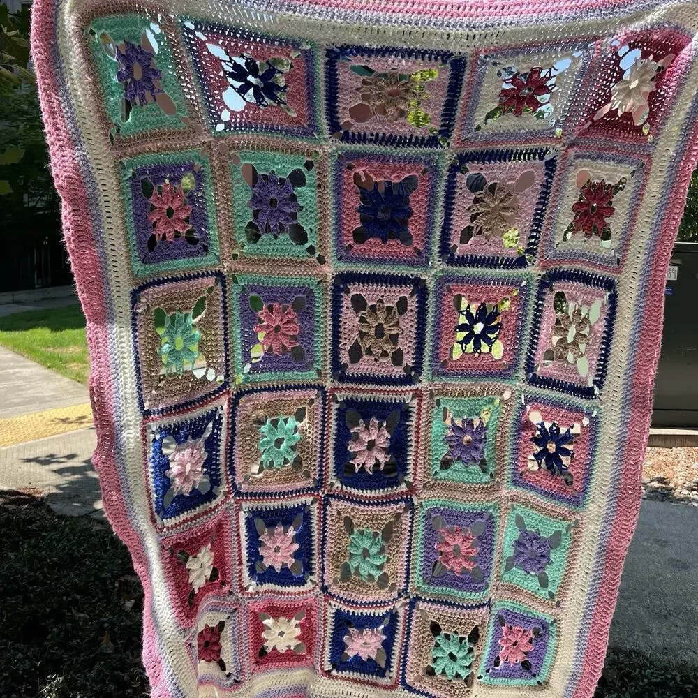 Vintage Granny Square Afghan Blanket Pink Mint Purple Mauve Blue Loose Knit